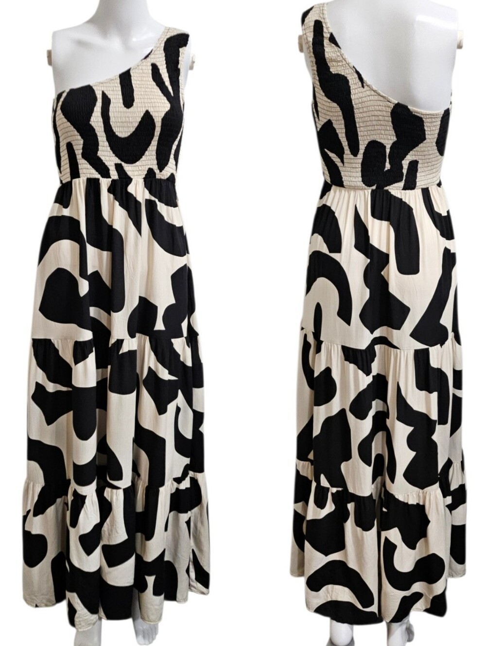 NWT Abel The Label Anthropologie One Shoulder Smocked Maxi Dress Black Ivory S